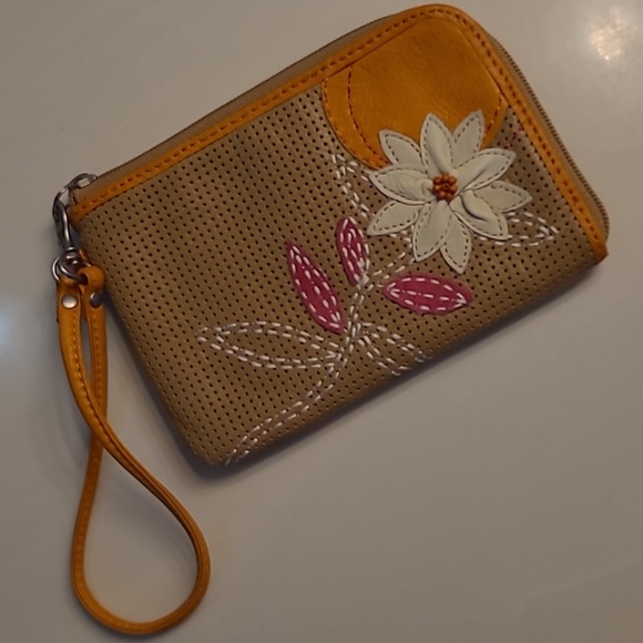 FOSSIL CLUTCH "Flower & Sunshine" Light Brown Leather w/ Pink, Orange, & Cream - Picture 2 of 12